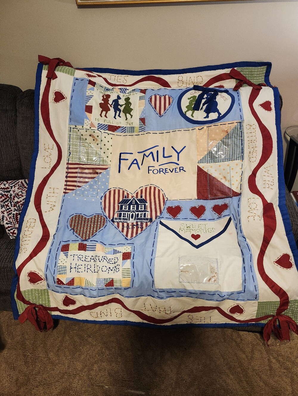 Family Forever Patchwork Blanket - Light Blue, Red, Cream